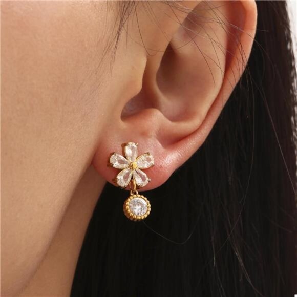 18K Gold-Plated Stainless Steel Zircon Flower Drop Earrings - Picture 2 of 7